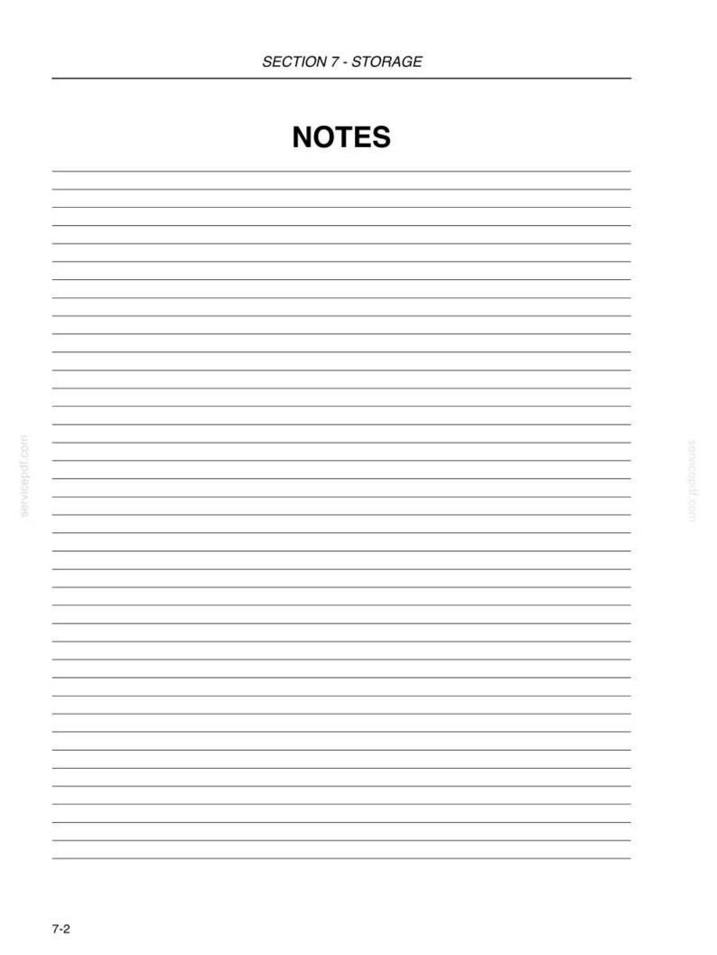May include: A white page with black text and lines. At the top, it reads SECTION 7 - STORAGE and NOTES. Below, there are numerous horizontal black lines for writing. At the bottom left corner, the number 7-2 is printed in black text.