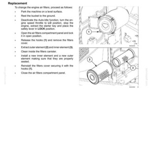 Puede incluir: Una p&aacute;gina de manual t&eacute;cnico titulada 7-MAINTENANCE que detalla el reemplazo de los filtros de aire del motor cada 1000 horas. Incluye diagramas numerados que muestran la carcasa del filtro de aire, el elemento exterior 2 y el elemento interior 3.
