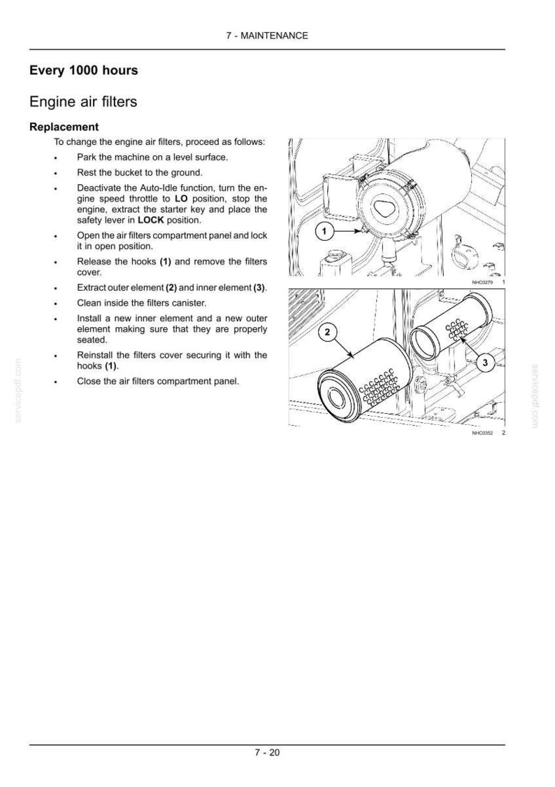 Puede incluir: Una p&aacute;gina de manual t&eacute;cnico titulada 7-MAINTENANCE que detalla el reemplazo de los filtros de aire del motor cada 1000 horas. Incluye diagramas numerados que muestran la carcasa del filtro de aire, el elemento exterior 2 y el elemento interior 3.