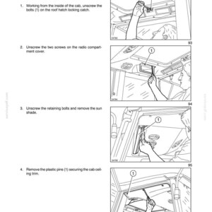 May include: Diagrams illustrating the replacement of a cab ceiling trim. The images show steps for removing bolts, screws, and plastic pins. Text includes instructions and part numbers for the procedure.