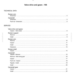May include: A page from a technical manual titled "Contents" with the heading "Engine - 10". The document lists technical data and service procedures for valve drive and gears, rocker arms, camshafts, and related components.