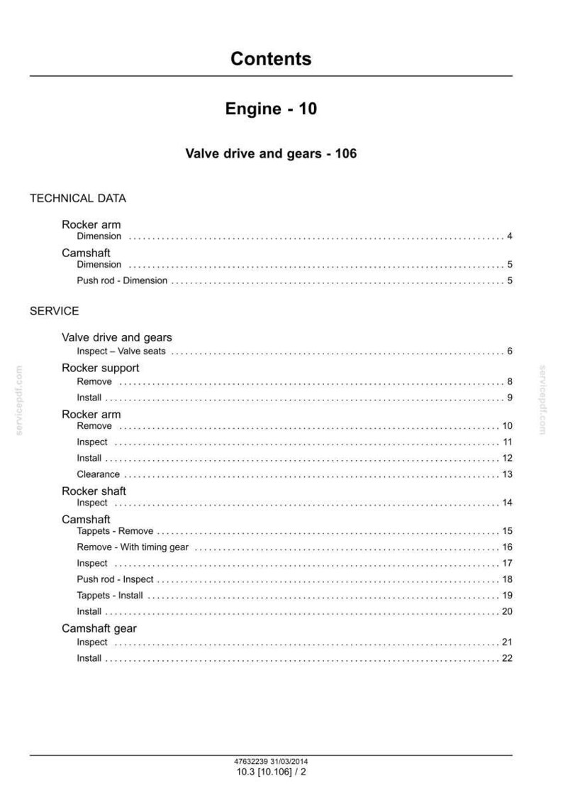 May include: A page from a technical manual titled "Contents" with the heading "Engine - 10". The document lists technical data and service procedures for valve drive and gears, rocker arms, camshafts, and related components.