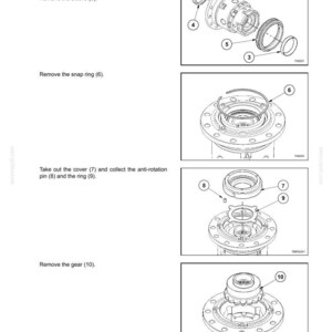 May include: Diagram of a rear axle assembly with numbered components. Includes bearing cups, sleeve, snap ring, cover, anti-rotation pin, ring, and gear. Text indicates steps for disassembly.