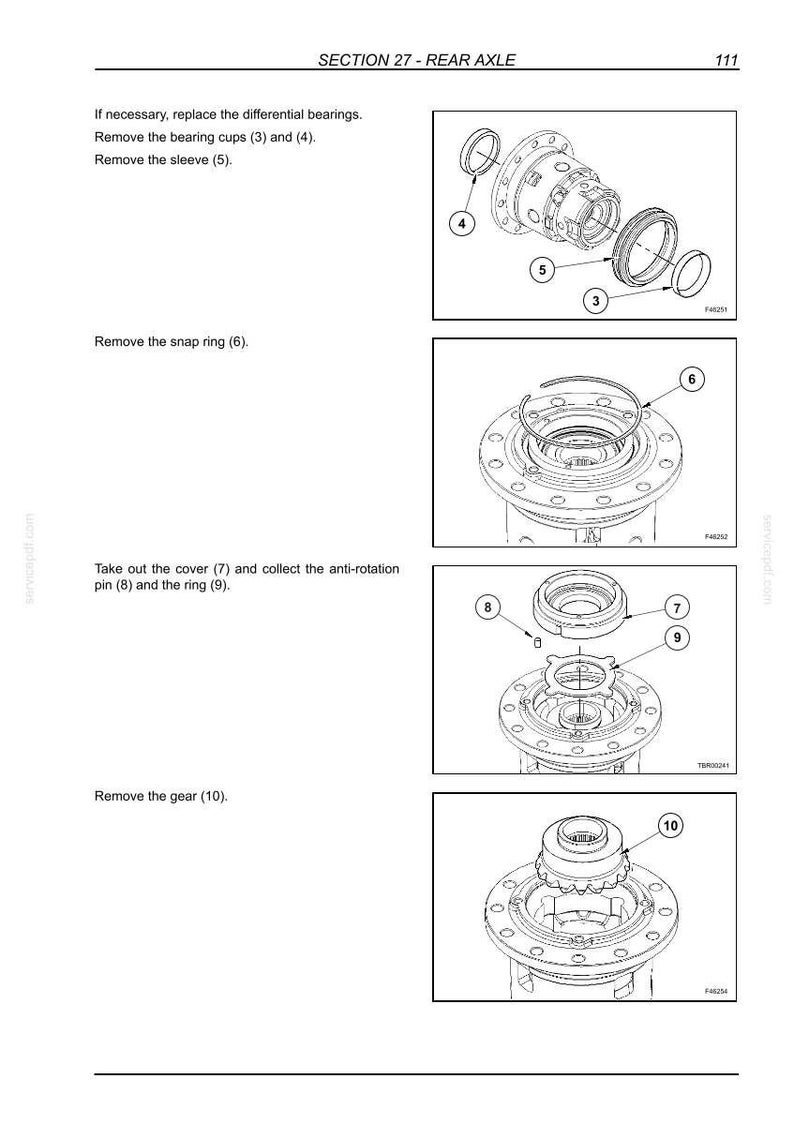 May include: Diagram of a rear axle assembly with numbered components. Includes bearing cups, sleeve, snap ring, cover, anti-rotation pin, ring, and gear. Text indicates steps for disassembly.