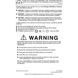 Pu&ograve; includere: Un documento bianco con testo nero, che include avvertenze di sicurezza e istruzioni. Il documento presenta un simbolo di avvertimento, definizioni di pericolo, avvertimento e cautela, e istruzioni per il funzionamento sicuro della macchina. Il documento &egrave; di Case Corporation.