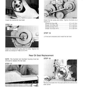 May include: A technical diagram with step-by-step instructions for rear oil seal replacement. The image includes close-ups of engine components, such as pulleys, bolts, and the oil pan. Text includes torque specifications and part numbers.