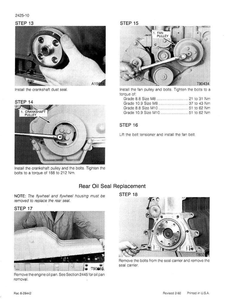 May include: A technical diagram with step-by-step instructions for rear oil seal replacement. The image includes close-ups of engine components, such as pulleys, bolts, and the oil pan. Text includes torque specifications and part numbers.