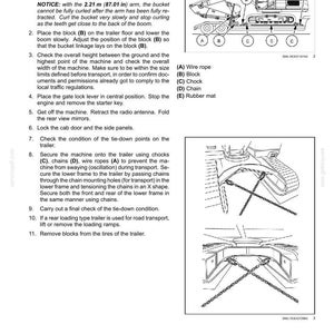 May include: Diagram illustrating transport operations for heavy machinery. The image shows an excavator being secured to a trailer with chains, wire ropes, and chocks. Text provides step-by-step instructions for safe transport, including checking dimensions and securing the machine.