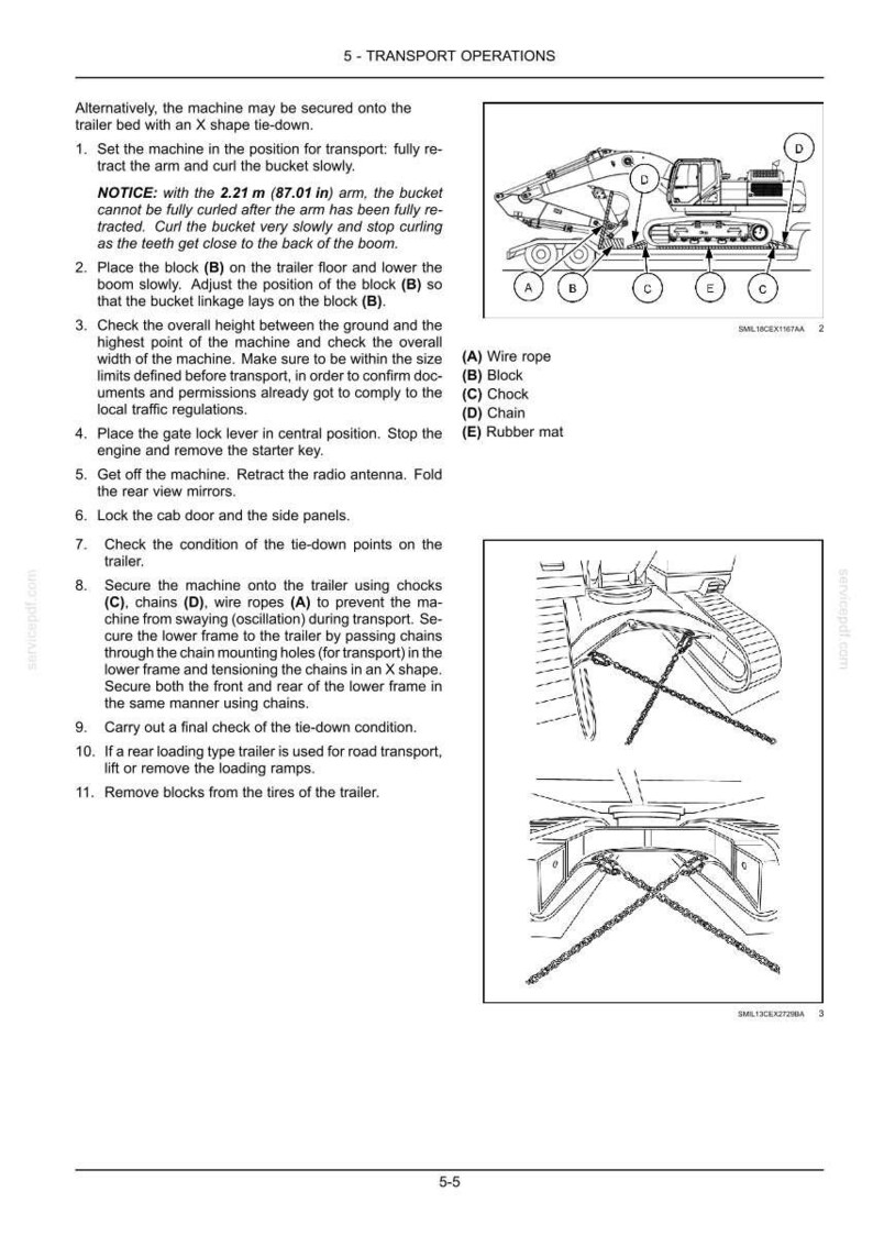 May include: Diagram illustrating transport operations for heavy machinery. The image shows an excavator being secured to a trailer with chains, wire ropes, and chocks. Text provides step-by-step instructions for safe transport, including checking dimensions and securing the machine.
