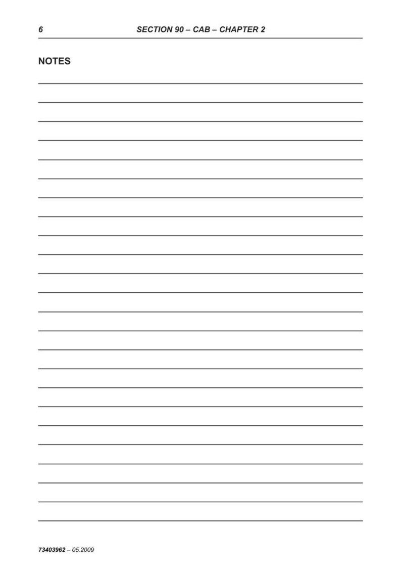 May include: A white page with horizontal black lines for writing notes. The word "NOTES" is at the top left, and "SECTION 90 - CAB - CHAPTER 2" is at the top right. The date "05.2009" is at the bottom.