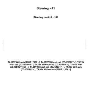 May include: White page with the New Holland Agriculture logo, the text "Steering - 41", and "Steering control - 101". Below are tractor model specifications including T4.105V, T4.75V, and T4.85V.