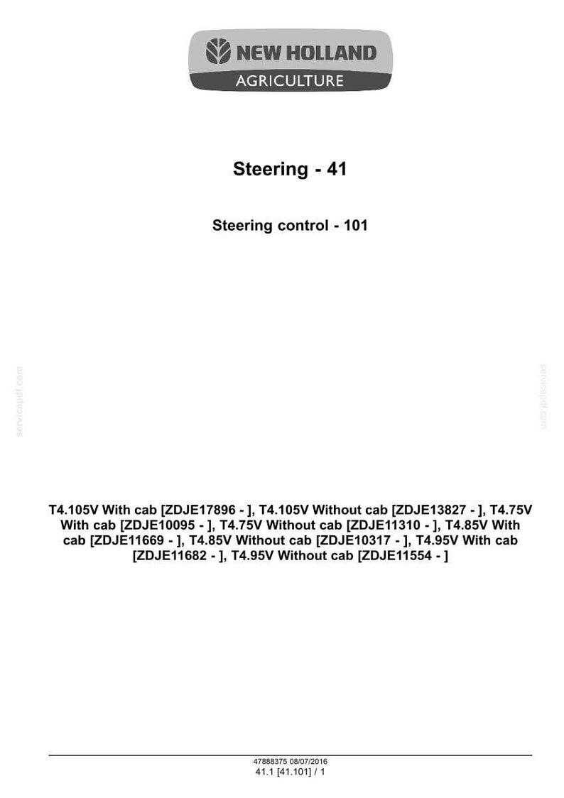 May include: White page with the New Holland Agriculture logo, the text "Steering - 41", and "Steering control - 101". Below are tractor model specifications including T4.105V, T4.75V, and T4.85V.