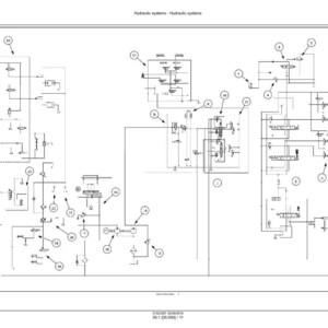 Op de afbeelding: Een zwart-wit technisch diagram van een hydraulisch systeem. Het schema bevat verschillende componenten, lijnen en genummerde callouts. De titel "Hydraulic systems - Hydraulic systems" staat bovenaan.
