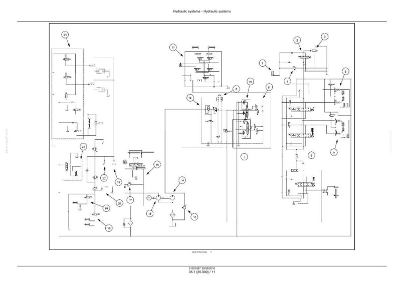 Op de afbeelding: Een zwart-wit technisch diagram van een hydraulisch systeem. Het schema bevat verschillende componenten, lijnen en genummerde callouts. De titel "Hydraulic systems - Hydraulic systems" staat bovenaan.
