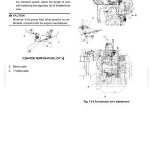 May include: Diagram of an engine with labels and measurements in inches. The image includes text about speed adjustment, throttle lever, and water temperature. The diagram is labeled "Fig. 13-2 Accelerator wire adjustment."