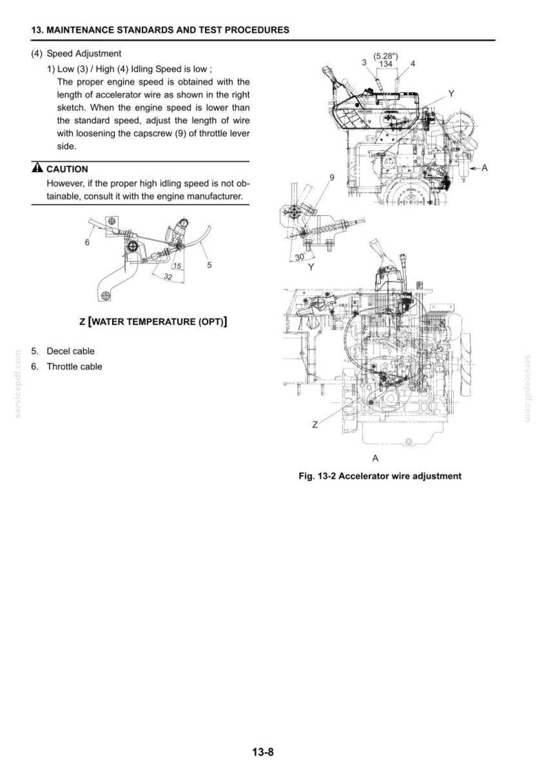 May include: Diagram of an engine with labels and measurements in inches. The image includes text about speed adjustment, throttle lever, and water temperature. The diagram is labeled "Fig. 13-2 Accelerator wire adjustment."
