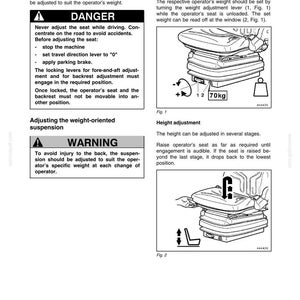 May include: A page from an operator's manual, titled "Adjusting the operator's seat." Diagrams show seat adjustment for weight and height. Text includes safety warnings and instructions for use. The weight adjustment is set to 70kg.