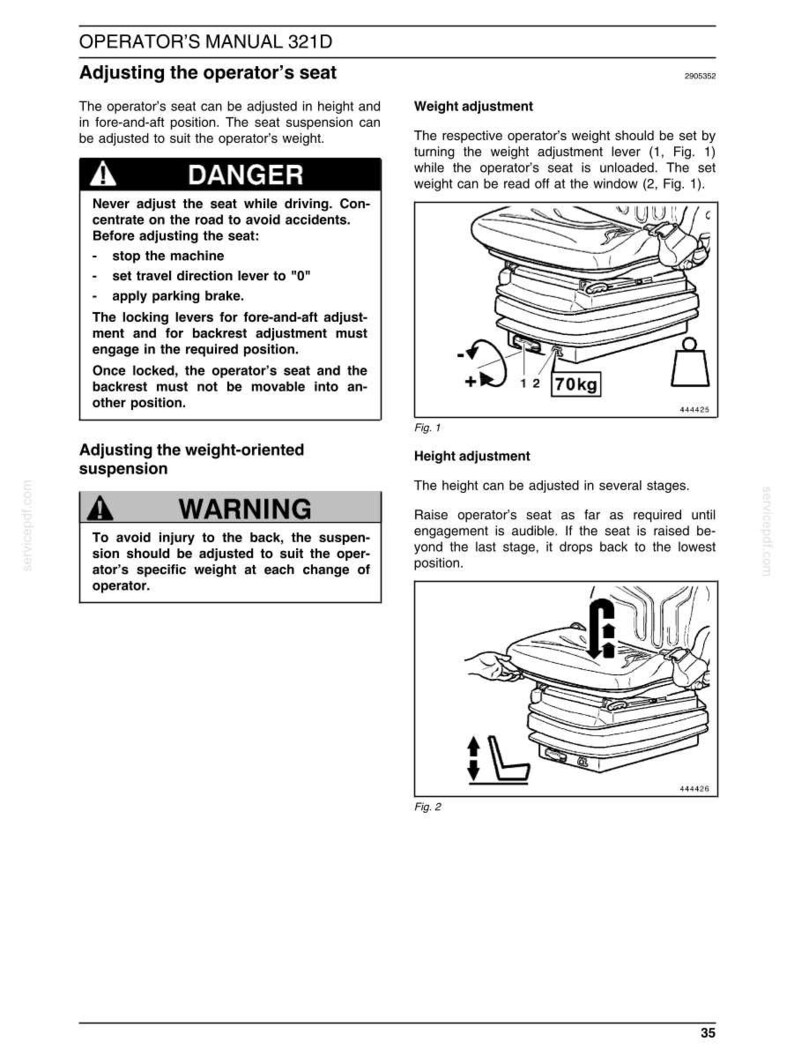 May include: A page from an operator's manual, titled "Adjusting the operator's seat." Diagrams show seat adjustment for weight and height. Text includes safety warnings and instructions for use. The weight adjustment is set to 70kg.