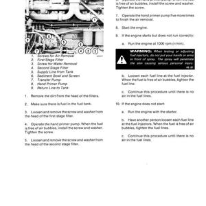 May include: Diagram of a fuel system with numbered components and instructions for removing air. Includes a warning about fuel injectors and safety precautions. Text includes steps for priming and starting the engine.
