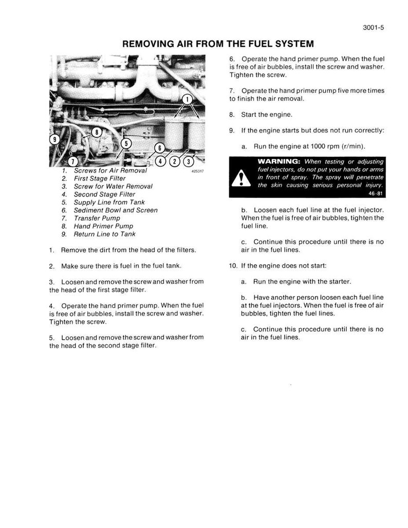 May include: Diagram of a fuel system with numbered components and instructions for removing air. Includes a warning about fuel injectors and safety precautions. Text includes steps for priming and starting the engine.