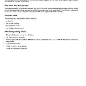 Puede incluir: Una p&aacute;gina de documento de especificaciones t&eacute;cnicas titulada 9-SPECIFICATIONS. Detalla iluminaci&oacute;n, frenos hidrost&aacute;ticos, caracter&iacute;sticas del &aacute;rea del operador incluyendo techo solar y asiento giratorio, llaves y modos de operaci&oacute;n con velocidades de hasta 11.5 km/h.