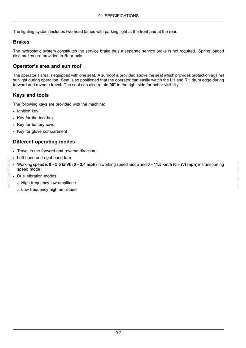 Puede incluir: Una p&aacute;gina de documento de especificaciones t&eacute;cnicas titulada 9-SPECIFICATIONS. Detalla iluminaci&oacute;n, frenos hidrost&aacute;ticos, caracter&iacute;sticas del &aacute;rea del operador incluyendo techo solar y asiento giratorio, llaves y modos de operaci&oacute;n con velocidades de hasta 11.5 km/h.