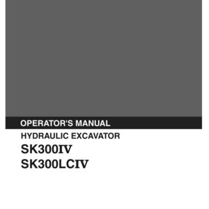 Op de afbeelding: Een grijze en zwarte gebruikershandleiding voor een Kobelco hydraulische graafmachine. De omslag toont de tekst: KOBELCO, OPERATOR'S MANUAL, HYDRAULIC EXCAVATOR, SK300IV, SK300LCIV, Applicable: SK300IV LCU0001-UP, Applicable: SK300LCIV YCU00301-UP, SK43003KM003-1R 07/03.