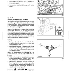 May include: Diagram from a manual showing engine components, including an oil pressure switch, fuel shutoff solenoid, and wiring connections. The image includes numbered parts and instructions for testing the switch.