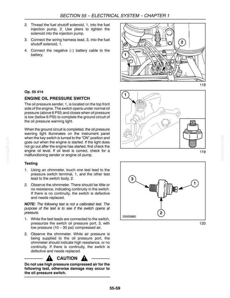 May include: Diagram from a manual showing engine components, including an oil pressure switch, fuel shutoff solenoid, and wiring connections. The image includes numbered parts and instructions for testing the switch.