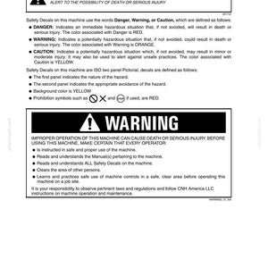 May include: A safety manual page with warnings about machine operation. The page includes a warning symbol, definitions of danger levels, and instructions for safe use. Text is in black and red.