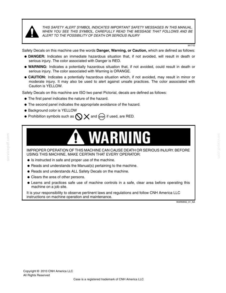 May include: A safety manual page with warnings about machine operation. The page includes a warning symbol, definitions of danger levels, and instructions for safe use. Text is in black and red.