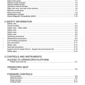 May include: A white and black document titled "Contents" with a detailed table of contents for a machine's manual. Sections include general and safety information, controls, and instruments.