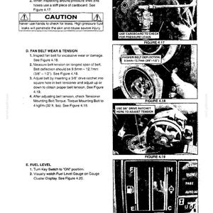May include: A black and white technical manual page titled Section IV- MAINTENANCE, featuring instructions for engine fluid leaks, fan belt tension, and fuel levels. It includes diagrams labeled Figure 4.17, 4.18, 4.19, and 4.20 with text.