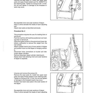 K&ouml;nnte beinhalten: Eine Seite aus einem technischen Handbuch mit Wartungsanweisungen f&uuml;r einen Bagger. Die Abbildung zeigt detaillierte Illustrationen von Komponenten und Anweisungen f&uuml;r Aufgaben wie das Entfernen von Schrauben und Verschlei&szlig;platten.