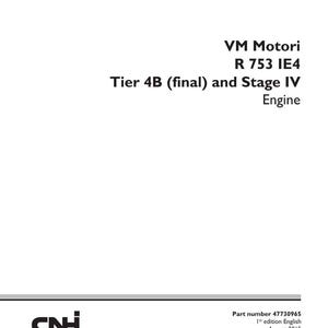 Puede incluir: Un manual de servicio blanco con texto negro. El t&iacute;tulo "SERVICE MANUAL" est&aacute; en la parte superior. Enumera "VM Motori R 753 IE4 Tier 4B (final) and Stage IV Engine." El logotipo de CNH Industrial est&aacute; en la parte inferior.