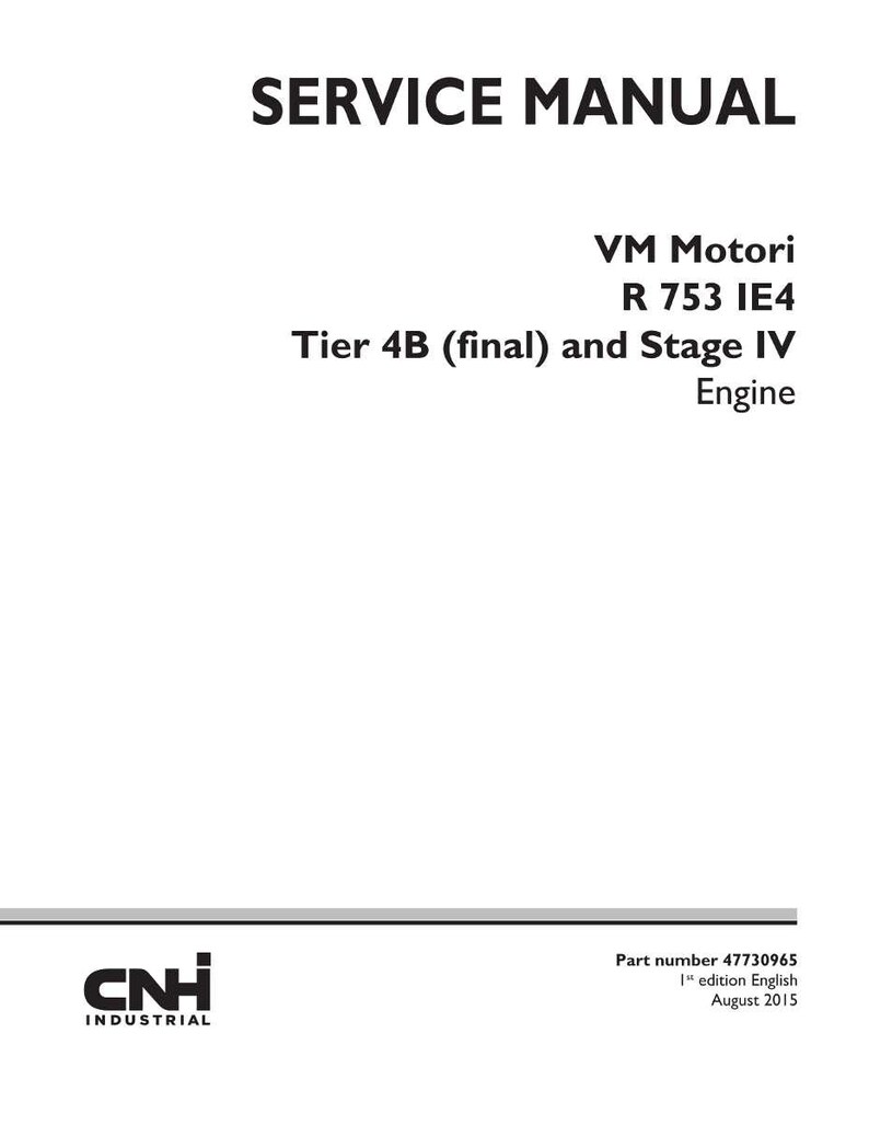 Puede incluir: Un manual de servicio blanco con texto negro. El t&iacute;tulo "SERVICE MANUAL" est&aacute; en la parte superior. Enumera "VM Motori R 753 IE4 Tier 4B (final) and Stage IV Engine." El logotipo de CNH Industrial est&aacute; en la parte inferior.