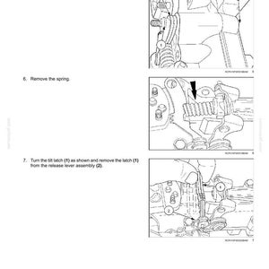 May include: Diagram of steering control components with labels and arrows. Instructions include removing a lock nut, pin, and spring, and turning and removing a latch from the release lever assembly. Text includes "Steering - Steering control".