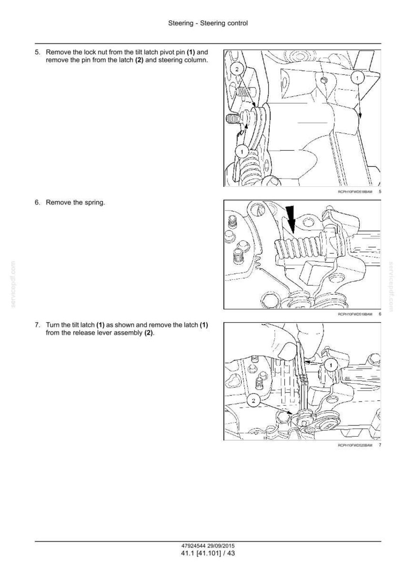 May include: Diagram of steering control components with labels and arrows. Instructions include removing a lock nut, pin, and spring, and turning and removing a latch from the release lever assembly. Text includes "Steering - Steering control".