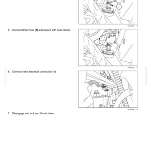 Puede incluir: Diagrama de un sistema hidr&aacute;ulico de brazo de cargador frontal, con ilustraciones detalladas de la conexi&oacute;n de tubos, mangueras y conexiones el&eacute;ctricas. Las instrucciones incluyen la conexi&oacute;n del tubo hidr&aacute;ulico inferior, la manguera de drenaje y la conexi&oacute;n el&eacute;ctrica de la v&aacute;lvula.