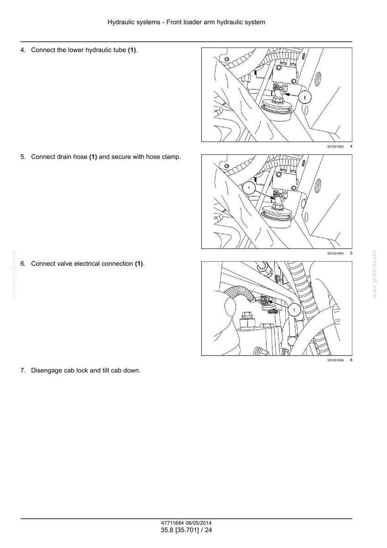 Puede incluir: Diagrama de un sistema hidr&aacute;ulico de brazo de cargador frontal, con ilustraciones detalladas de la conexi&oacute;n de tubos, mangueras y conexiones el&eacute;ctricas. Las instrucciones incluyen la conexi&oacute;n del tubo hidr&aacute;ulico inferior, la manguera de drenaje y la conexi&oacute;n el&eacute;ctrica de la v&aacute;lvula.