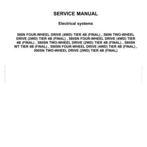 May include: A service manual cover with the "CASE CONSTRUCTION" logo. The title "SERVICE MANUAL" is displayed, followed by "Electrical systems." The manual lists models including 580N, 580SN, and 590SN, with various drive and tier specifications.