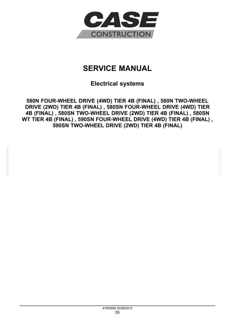 May include: A service manual cover with the "CASE CONSTRUCTION" logo. The title "SERVICE MANUAL" is displayed, followed by "Electrical systems." The manual lists models including 580N, 580SN, and 590SN, with various drive and tier specifications.