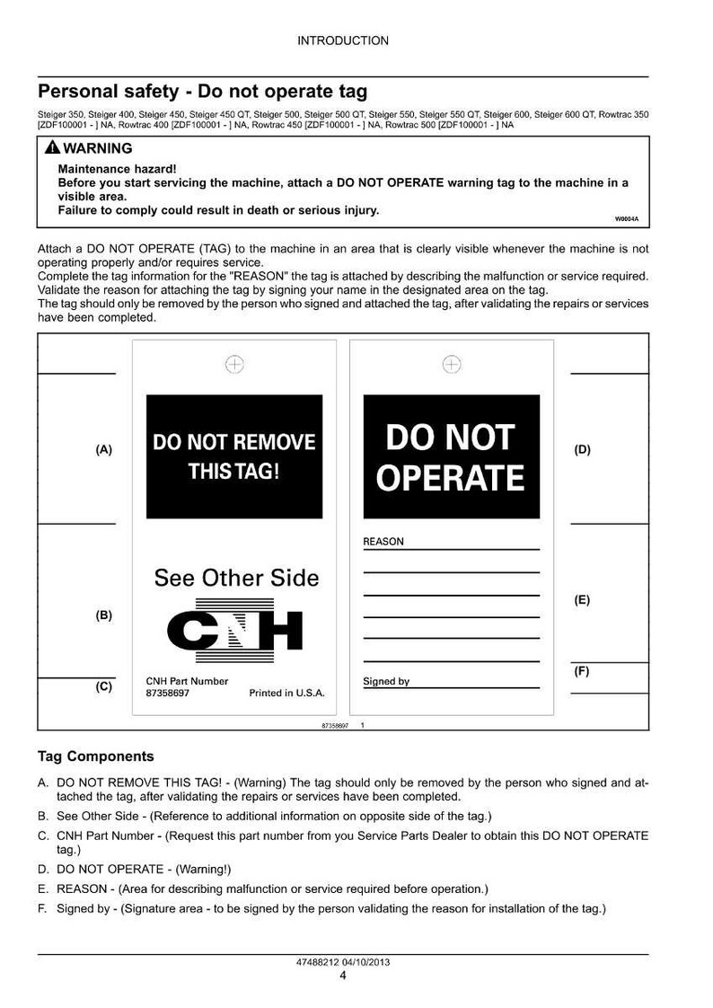 May include: A safety instruction sheet with the title "Personal safety - Do not operate tag." It includes warnings, instructions, and diagrams for attaching a "DO NOT OPERATE" tag to machinery. The tag has space for a reason and signature.