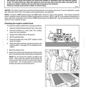 May include: Page from a maintenance manual detailing engine coolant level checks. Includes a warning about burn hazards and instructions for checking the coolant level, with diagrams of a machine and its components.