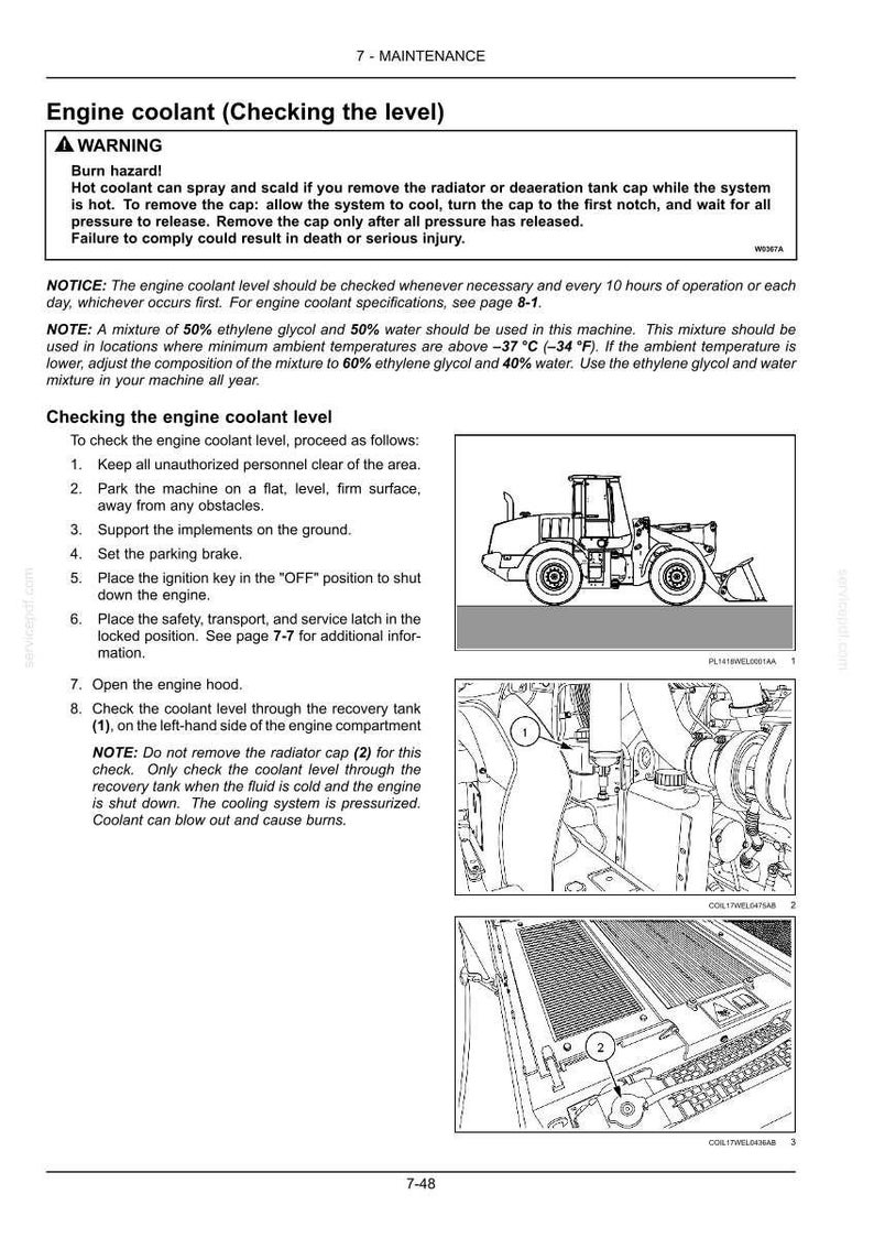 May include: Page from a maintenance manual detailing engine coolant level checks. Includes a warning about burn hazards and instructions for checking the coolant level, with diagrams of a machine and its components.