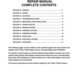 May include: A black and white document titled TT45A, TT50A Repair Manual Complete Contents. It lists sections from 00 to 90, including engine, transmission, and electrical systems. The text includes part number 87655297 and 87655301, 3/07 1st Printing.