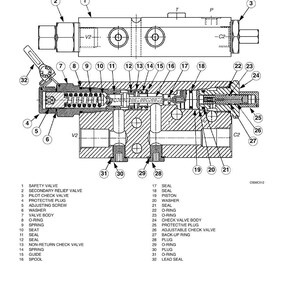 May include: Cross-sectional view diagram of a hydraulic valve assembly. The diagram is labeled with numbers and names for each component, including valves, springs, and seals. The image is a technical illustration with detailed internal components.