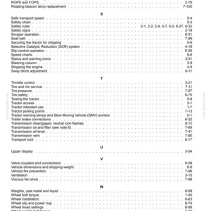 May include: A page from an operator's manual index, featuring alphabetical entries from R to W. The text lists technical tractor components and procedures, including throttle control, tyre safety, transmission oil, and wheel bolt torque with page numbers.