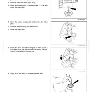 Op de afbeelding: Diagram met stappen voor het vervangen van de motoroliefilter. Instructies omvatten het parkeren van de machine, het verwijderen van de afdekking van de aftapplug en het plaatsen van een bak (5 L) onder de plug. Toont ook het verwijderen en plaatsen van de filter.