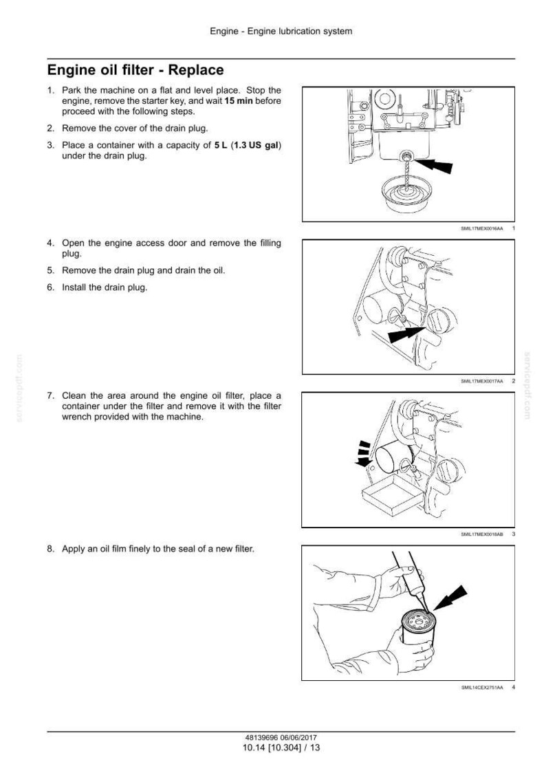Op de afbeelding: Diagram met stappen voor het vervangen van de motoroliefilter. Instructies omvatten het parkeren van de machine, het verwijderen van de afdekking van de aftapplug en het plaatsen van een bak (5 L) onder de plug. Toont ook het verwijderen en plaatsen van de filter.